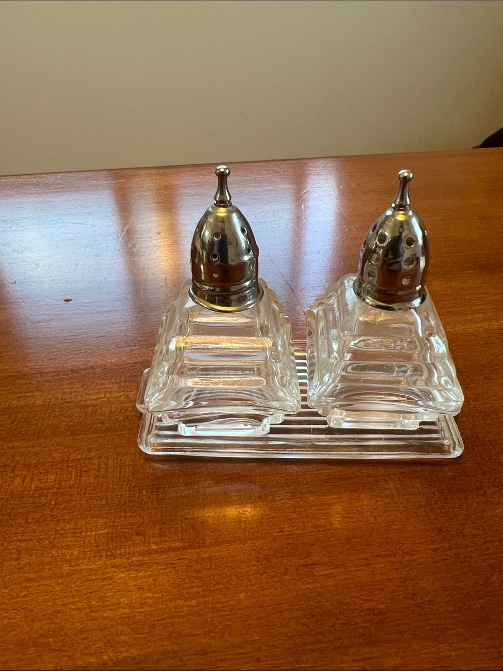 Clear Glass Salt and Pepper Shakers with Tray - Vintage Style
